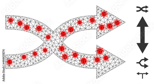 Polygonal shuffle arrows right with lockdown style. Polygonal carcass shuffle arrows right image in lowpoly style with structured linear items and red coronavirus elements.
