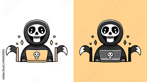 Photo grim reaper playing a laptop cartoon