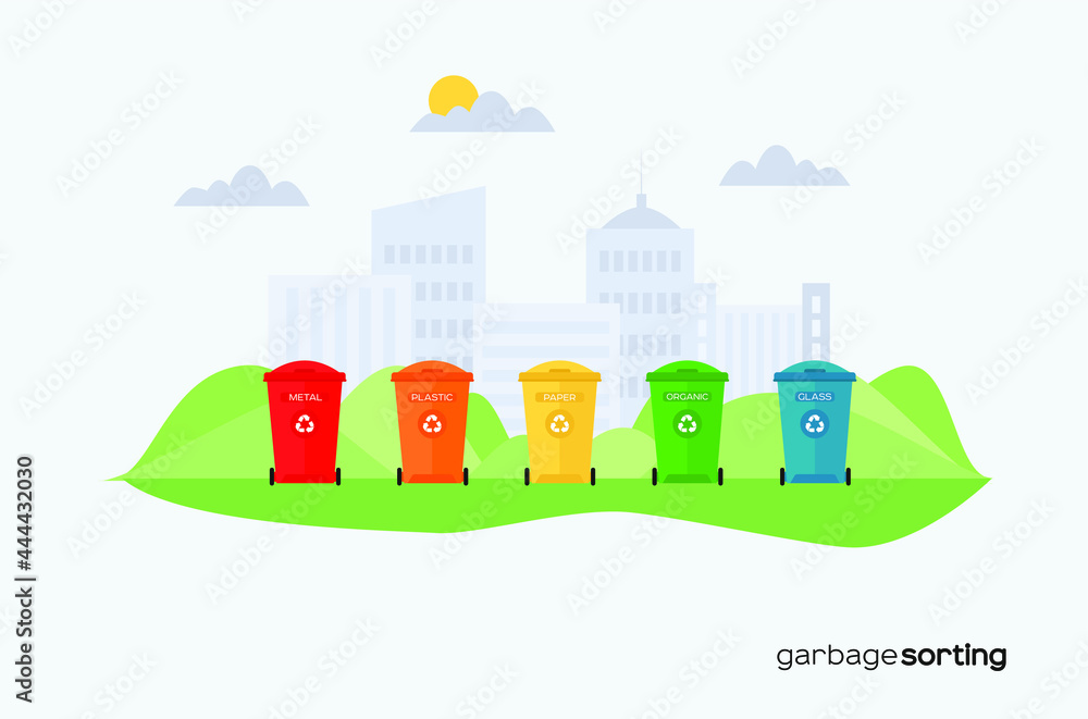 Naklejka premium Trash bins for sorting waste in a city park. containers for sorting metal, plastic, paper, glass and organic waste. Sorting garbage. illustration in flat style with ecological concept