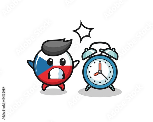 Cartoon Illustration of czech flag badge is surprised with a giant alarm clock