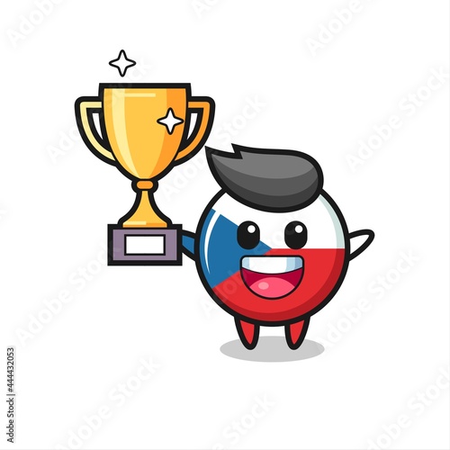 Cartoon Illustration of czech flag badge is happy holding up the golden trophy