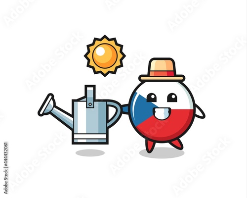 Cartoon character of czech flag badge holding watering can
