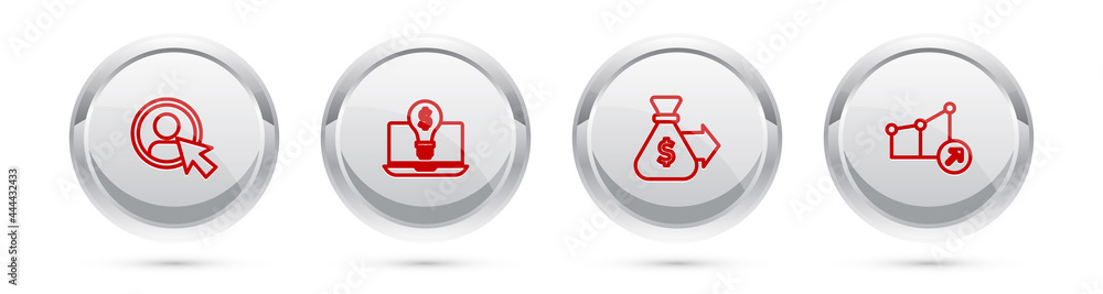 Set line Create account screen, Light bulb with dollar on laptop, Money bag and Financial growth. Silver circle button. Vector Set line Create account screen, Light bulb with dollar on laptop, Money bag and Financial growth. Silver circle button. Vector