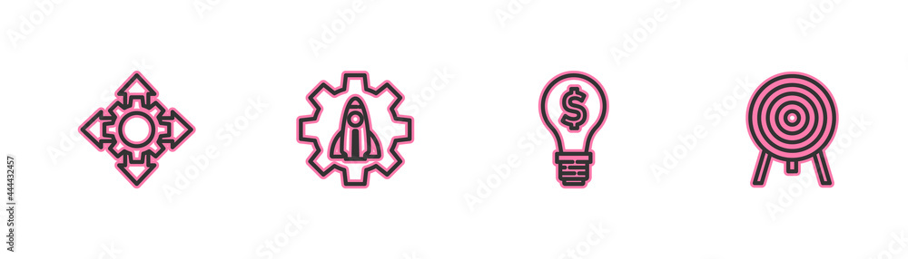 Set line Project team base, Light bulb with dollar, Startup project concept and Target icon. Vector Set line Project team base, Light bulb with dollar, Startup project concept and Target icon. Vector