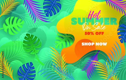 special offer banner background of summer sale for discount marketing concept, palm leaf tree tropical