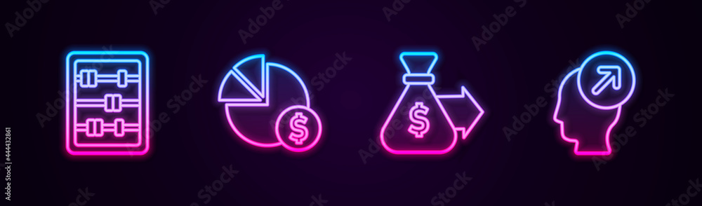 Set line Abacus, Pie chart and dollar, Money bag and Head hunting concept. Glowing neon icon. Vector Set line Abacus, Pie chart and dollar, Money bag and Head hunting concept. Glowing neon icon. Vector