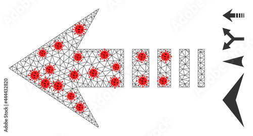 Network send left in infection style. Mesh carcass send left image in low poly style with structured linear items and red infection centers.