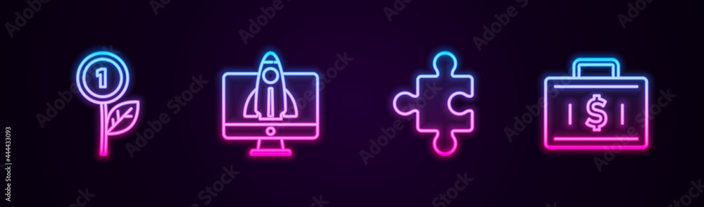 Set line Dollar plant, Startup project concept, Piece of puzzle and Briefcase and money. Glowing neon icon. Vector Set line Dollar plant, Startup project concept, Piece of puzzle and Briefcase and money. Glowing neon icon. Vector