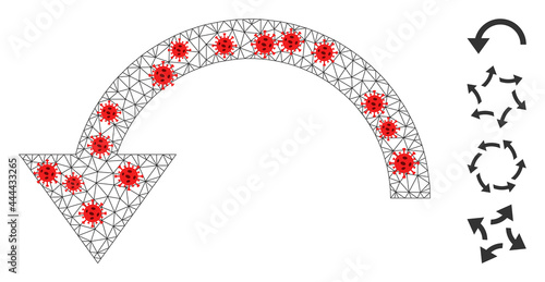 Polygonal rotate ccw in outbreak style. Mesh carcass rotate ccw image in low poly style with connected lines and red coronavirus centers.
