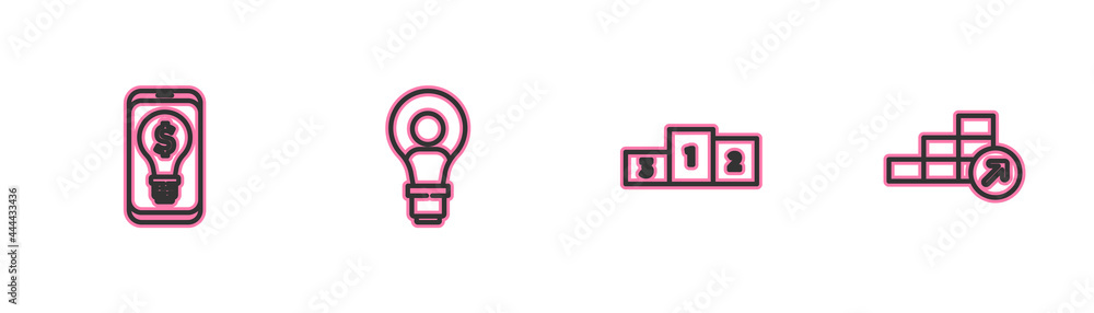Set line Light bulb with dollar on mobile, Business podium, Head lamp and Financial growth icon. Vector Set line Light bulb with dollar on mobile, Business podium, Head lamp and Financial growth icon. Vector
