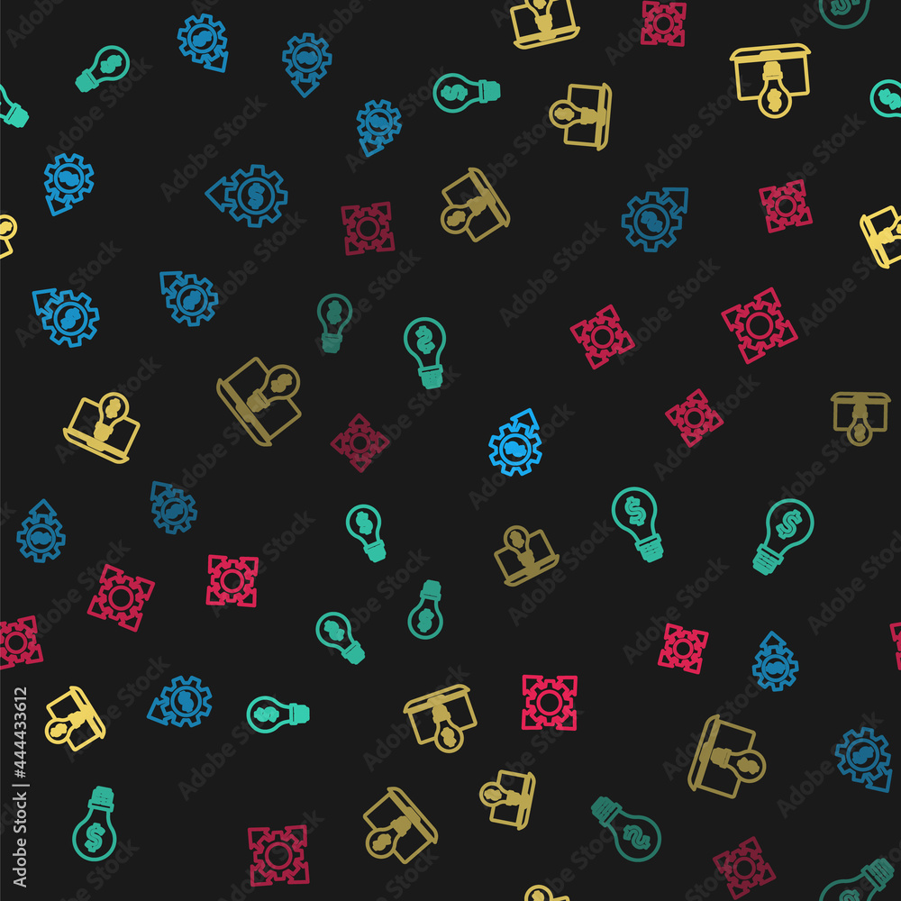Set line Gear with dollar, Light bulb, on laptop and Project team base on seamless pattern. Vector Set line Gear with dollar, Light bulb, on laptop and Project team base on seamless pattern. Vector