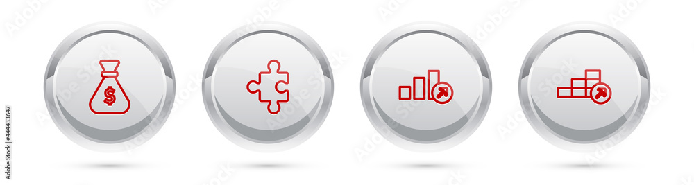 Set line Money bag, Piece of puzzle, Financial growth and . Silver circle button. Vector Set line Money bag, Piece of puzzle, Financial growth and . Silver circle button. Vector