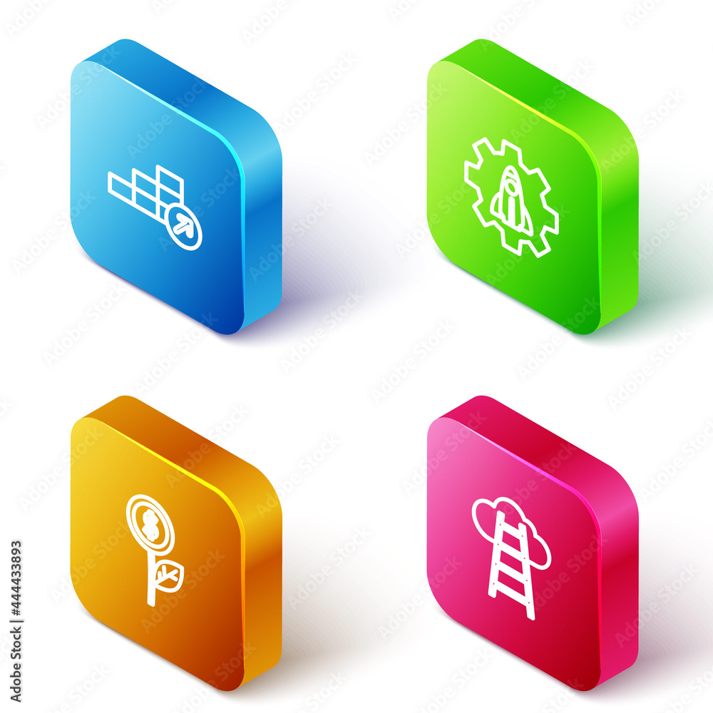 Set Isometric line Financial growth, Startup project concept, Dollar plant and Stair with finish flag icon. Vector Set Isometric line Financial growth, Startup project concept, Dollar plant and Stair with finish flag icon. Vector