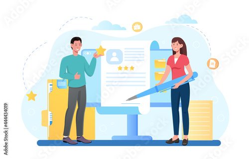 Young male and female characters are signing new employee registration application together. Signature for a new agreement with stars rating. Flat cartoon vector illustration