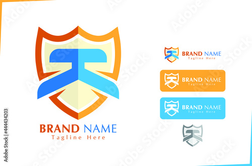 Alphabet Letter K logo with protection shield in blue and orange colour for security business
