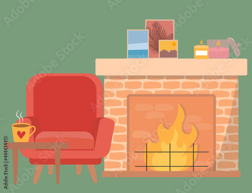 Living room with fireplace and red chear. Classic style furniture and burning fireplace vector illustration.