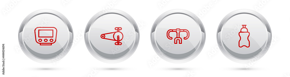 Set line Bicycle speedometer, chain with gear, handlebar and Sport bottle water. Silver circle button. Vector Set line Bicycle speedometer, chain with gear, handlebar and Sport bottle water. Silver circle button. Vector