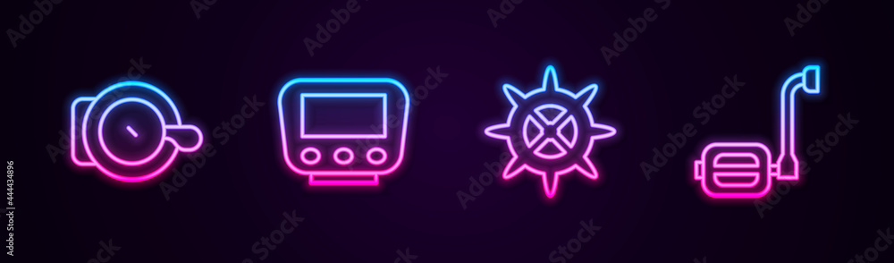 Set line Bicycle bell, speedometer, sprocket crank and pedal. Glowing neon icon. Vector Set line Bicycle bell, speedometer, sprocket crank and pedal. Glowing neon icon. Vector