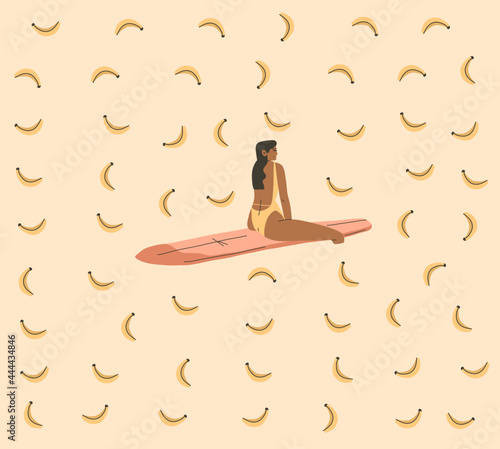 Hand drawn vector abstract stock graphic summer cartoon,minimalistic contemporary illustrations print with boho girl surfing and relaxing on the beach with banana fruits,isolated on white background.