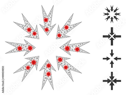 Polygonal pressure arrows with infection style. Polygonal carcass pressure arrows image in lowpoly style with connected lines and red covid elements.