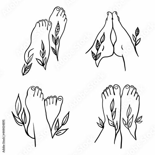 Set of silhouettes of foot feet with leaves