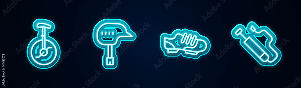 Set line Unicycle or one wheel bicycle, Bicycle helmet, shoes and air pump. Glowing neon icon. Vector