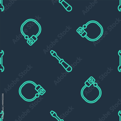 Set line Screwdriver, Bicycle lock and Wrench spanner on seamless pattern. Vector