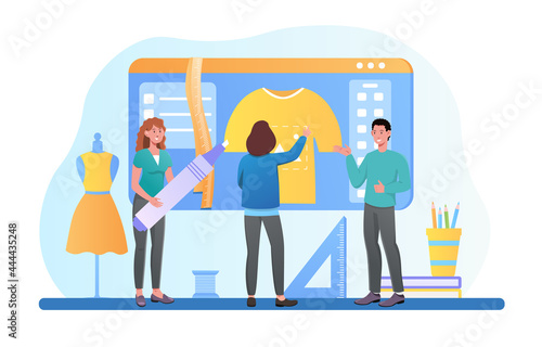 Young male and female characters are working on handmade apparel design. Concept of t-shirt print, diy hobby workshop. Group of designers creating clothes together. Flat cartoon vector Illustration
