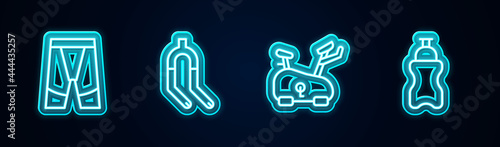 Set line Cycling shorts, Bicycle fork, Stationary bicycle and Sport bottle with water. Glowing neon icon. Vector