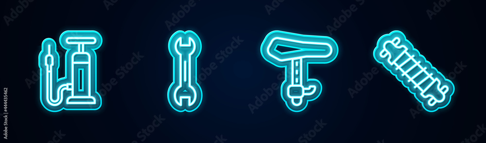 Set line Bicycle air pump, Wrench spanner, seat and suspension. Glowing neon icon. Vector Set line Bicycle air pump, Wrench spanner, seat and suspension. Glowing neon icon. Vector