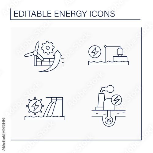 Energy line icons set. P2X, pumped storage, hydroelectric, geothermal power stations. Electricity generation concept. Isolated vector illustration. Editable stroke