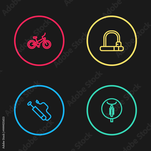 Set line Bicycle air pump, , lock and icon. Vector