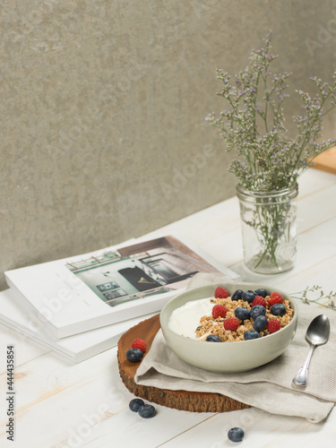 Healthy cereals with blue berry and yogurt