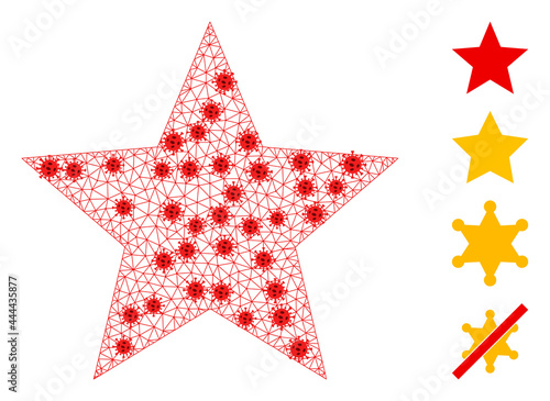 Mesh red star with outbreak style. Polygonal carcass red star image in low poly style with structured lines and red covid centers. Vector model is created from red star with covid centers.