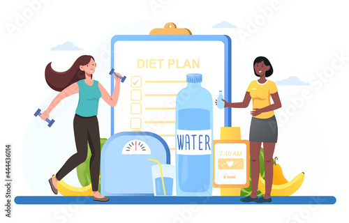 Smiling female character is exercising with diet plan. Young woman working out with fruits, vegetables and weight scale. Weight loss and nutrition consultation. Flat cartoon vector illustration.