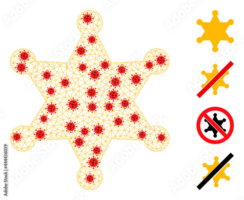 Mesh sheriff star using lockdown style. Mesh carcass sheriff star image in lowpoly style with organized linear items and red infectious elements.