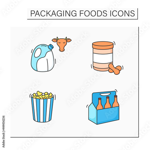 Packing foods color icons set. Beer, cow milk, popcorn, peanut butter jar. Protection, tampering resistance from bacteria. Meal concept. Isolated vector illustrations