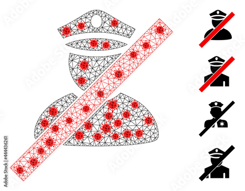 Polygonal wrong police man using outbreak style. Polygonal wireframe wrong police man image in low poly style with structured linear items and red infectious elements.