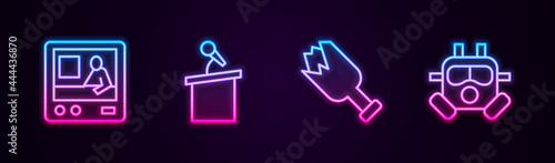 Set line Television report, Stage stand tribune, Broken bottle as weapon and Gas mask. Glowing neon icon. Vector