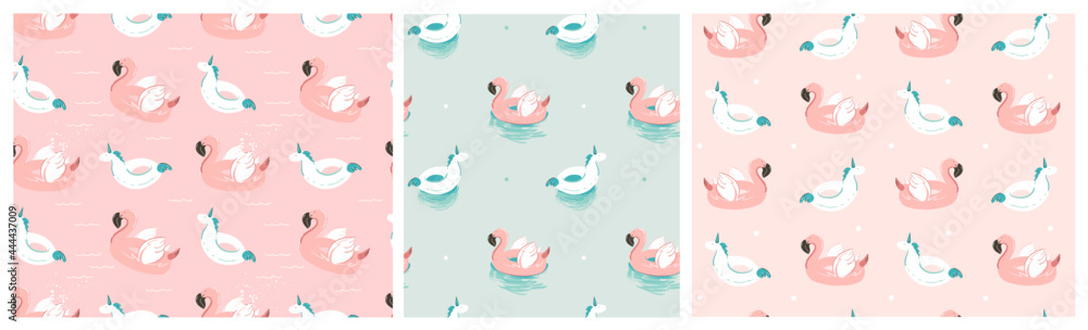 Hand drawn vector abstract stock graphic summer cartoon,minimalistic contemporary illustration seamless pattern set collection with inflatable unicorn and flamingo floats isolated on white background. Hand drawn vector abstract stock graphic summer cartoon,minimalistic contemporary illustration seamless pattern set collection with inflatable unicorn and flamingo floats isolated on white background.