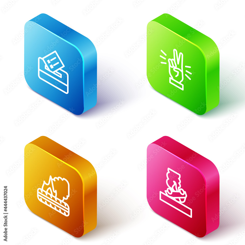 Set Isometric line Vote box, Hand showing two finger, Lying burning tires and Burning car icon. Vector Set Isometric line Vote box, Hand showing two finger, Lying burning tires and Burning car icon. Vector