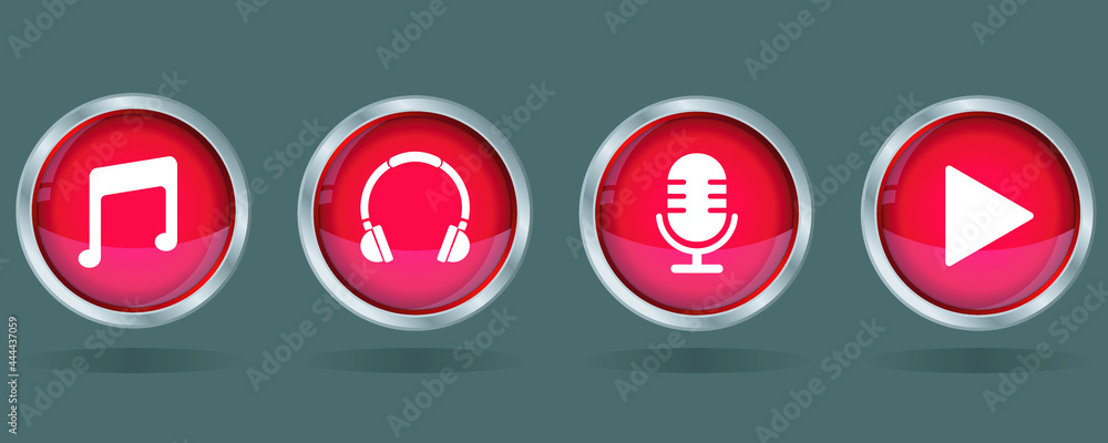 music play button, microphone, headphone, sounds icon red button vector icon set music play button, microphone, headphone, sounds icon red button vector icon set