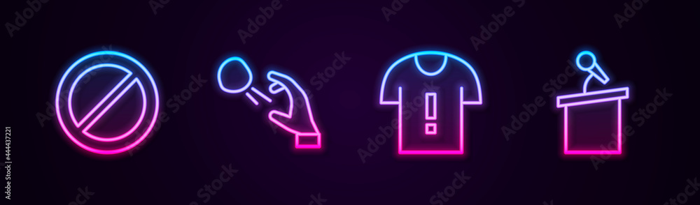 Set line Ban, Hooligan shooting stones, T-shirt protest and Stage stand or tribune. Glowing neon icon. Vector Set line Ban, Hooligan shooting stones, T-shirt protest and Stage stand or tribune. Glowing neon icon. Vector