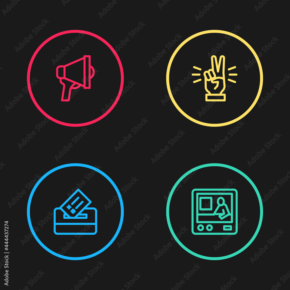 Set line Vote box, Television report, Hand showing two finger and Megaphone icon. Vector