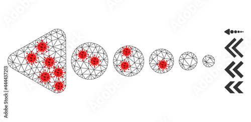 Network arrow left with lockdown style. Mesh wireframe arrow left image in low poly style with structured linear items and red infectious nodes.