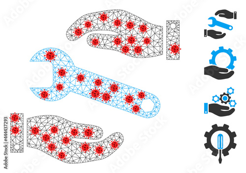 Polygonal service in lockdown style. Polygonal carcass service image in lowpoly style with combined lines and red infection centers. Vector model is created from service with infection centers.