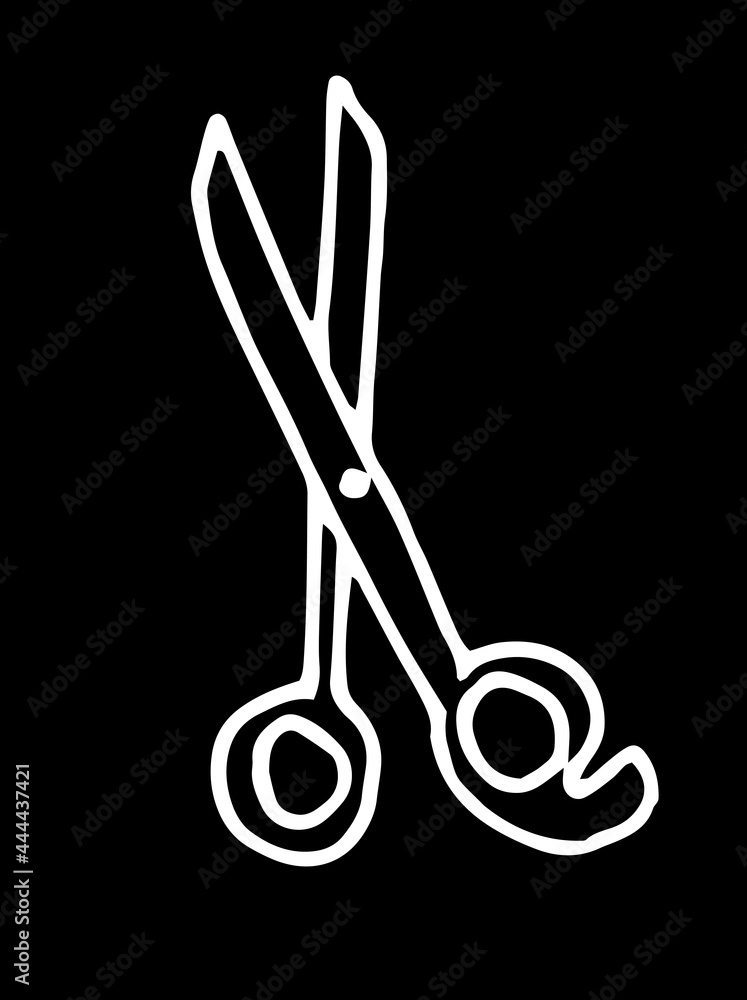 Vector scissors. hand-drawn doodle-style hairdressing scissors with an isolated outline of white on black for a design template. an element of the beauty salon is a pair of scissors for cutting hair Vector scissors. hand-drawn doodle-style hairdressing scissors with an isolated outline of white on black for a design template. an element of the beauty salon is a pair of scissors for cutting hair
