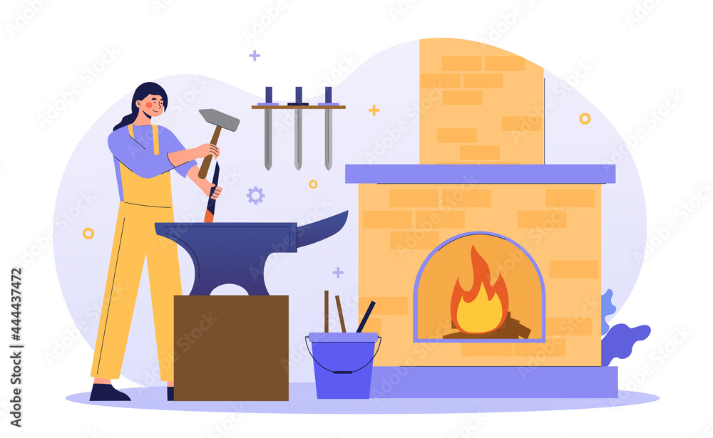 Young female character is working as a metal blacksmith. Hard working woman in smithy occupation professional metalworking. Person forges anvil hammer at workplace. Flat cartoon vector illustration Young female character is working as a metal blacksmith. Hard working woman in smithy occupation professional metalworking. Person forges anvil hammer at workplace. Flat cartoon vector illustration