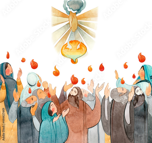 Watercolor illustration Descent of the Holy Spirit on the Apostles, Holy Trinity Day, Pentecost, whitsunday. Praying men and women, the Holy Spirit in the form of a dove. Christian art photo