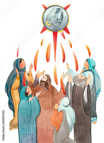Watercolor illustration Descent of the Holy Spirit on the Apostles, Holy Trinity Day, Pentecost, whitsunday. Praying men and women, the Holy Spirit in the form of a dove. Christian art